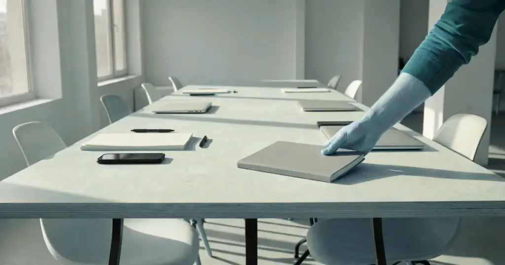 Konferenztisch im Büro als Symbol für Hierarchie und Arbeitsumfeld für Reflektoren im Angestelltenverhältnis