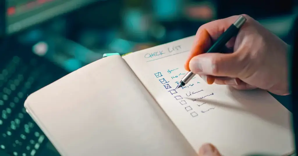 Hand hakt Checkliste ab als Schritt-für-Schritt-Vorgehen für Reflektoren im Beruf