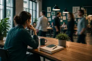 Reflektor sitzt ruhig an einem Arbeitsplatz, während sich Menschen im Arbeitsfeld im Hintergrund bewegen.