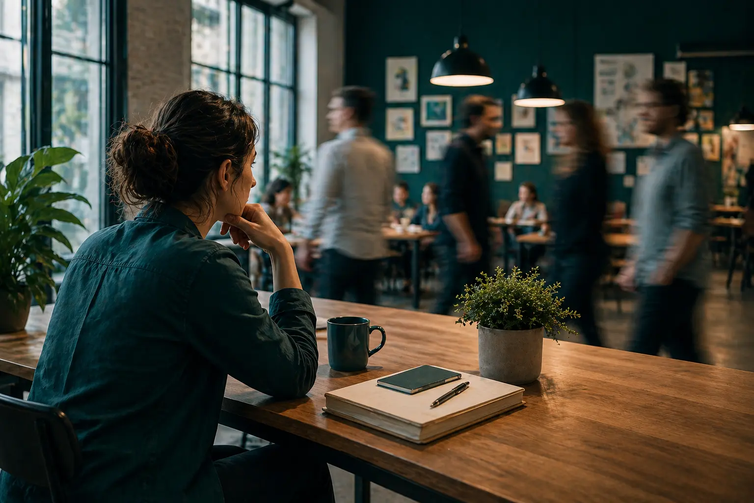 Reflektor sitzt ruhig an einem Arbeitsplatz, während sich Menschen im Arbeitsfeld im Hintergrund bewegen.