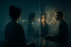 Zwei Menschen sitzen sich durch eine spiegelnde Glasfläche gegenüber, während verzerrte Reflexionen und Lichtwellen die feine Dynamik zwischen Reflektor und Projektor sichtbar machen.