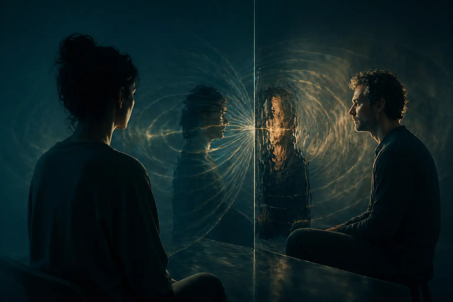 Zwei Menschen sitzen sich durch eine spiegelnde Glasfläche gegenüber, während verzerrte Reflexionen und Lichtwellen die feine Dynamik zwischen Reflektor und Projektor sichtbar machen.