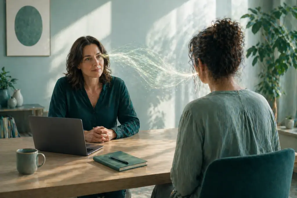 Zwei Frauen sitzen in einem ruhigen Arbeitsgespräch am Tisch, während eine helle Lichtspur zwischen ihnen die Übernahme einer fremden Einschätzung symbolisiert.