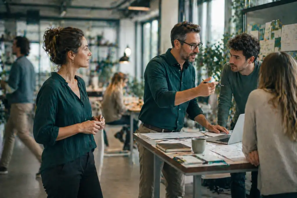 Eine Person steht beobachtend neben einer aktiven Arbeitsgruppe, während ein Kollege an einem Projekttisch eine Idee mit mehreren Teammitgliedern bespricht.