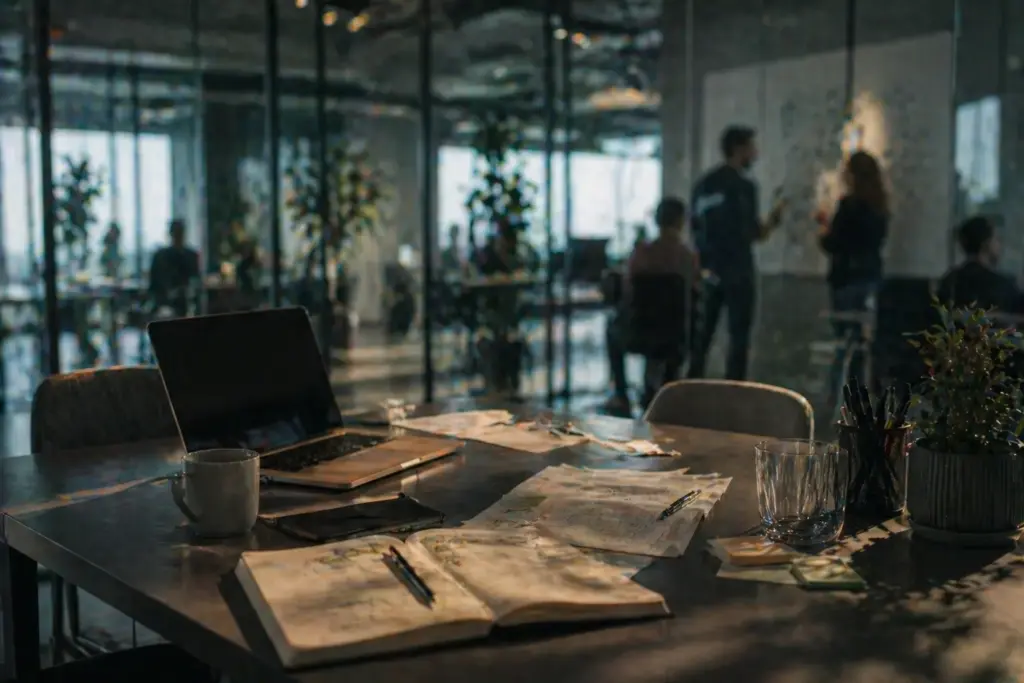 Ein leerer Projekttisch mit Laptop, Notizen und Stiften, während im Hintergrund unscharf Menschen hinter Glas weiterarbeiten.