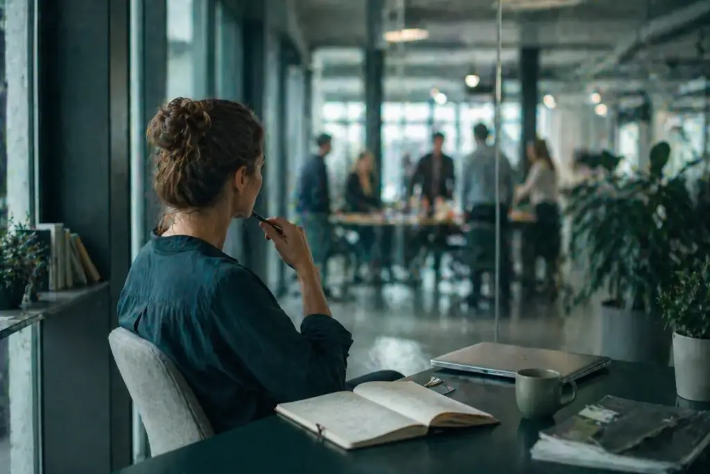 Eine Person sitzt mit Notizbuch in einem ruhigen Bürobereich und blickt durch Glas auf ein unscharfes Team im Hintergrund.