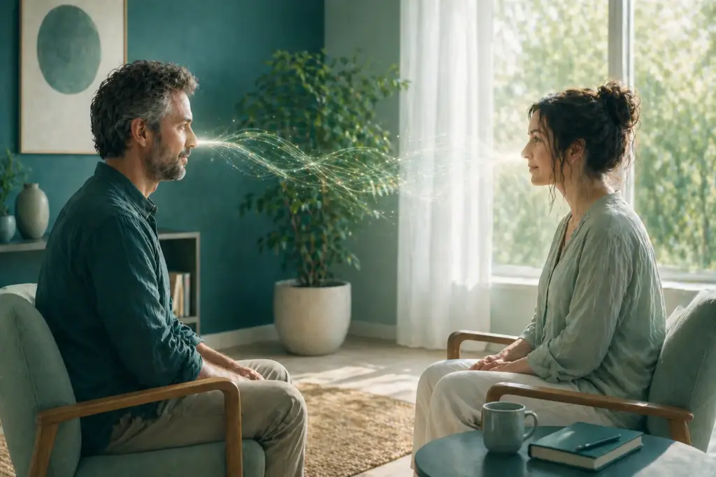 Zwei Menschen sitzen sich in einem hellen Raum gegenüber, während eine feine Lichtspur zwischen ihnen die stimmige Resonanz in der Reflektor Projektor Zusammenarbeit symbolisiert.