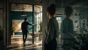 Eine Person öffnet in einem modernen Arbeitsraum eine Glastür, während eine zweite Person seitlich beobachtet und sich in der Glaswand spiegelt.