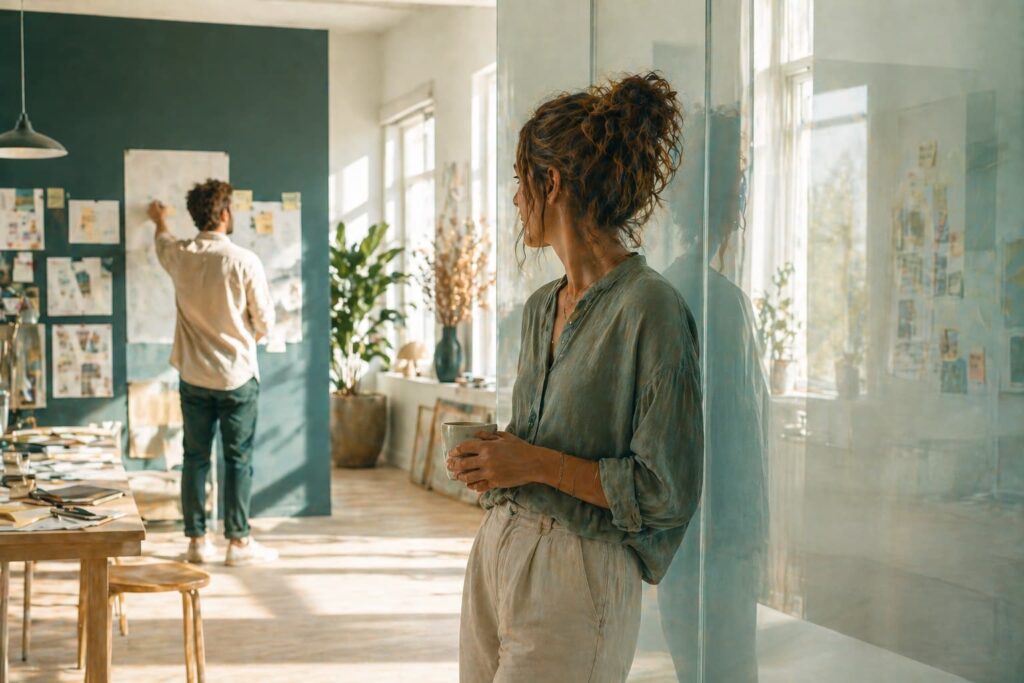 Eine Person arbeitet in einem hellen Projektraum an einer Wand, während eine zweite Person seitlich an einer Glaswand steht und beobachtet.