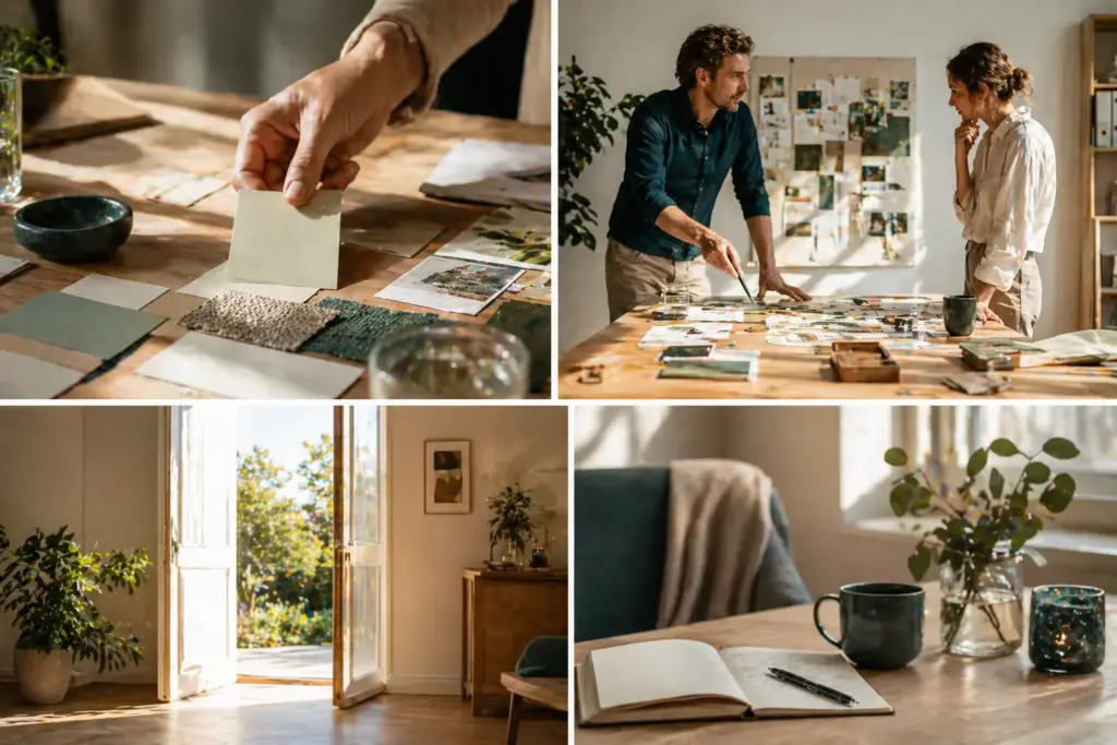 Eine Collage zeigt Projektarbeit, Austausch, eine offene Tür und einen ruhigen Rückzugsplatz mit Notizbuch und Tasse.
