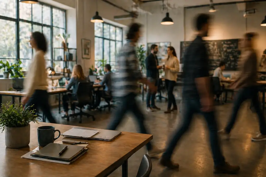 Menschen bewegen sich durch ein Arbeitsfeld in einem offenen Büro als Symbol für Dynamik und spürbare Energie im Umfeld eines Reflektors.
