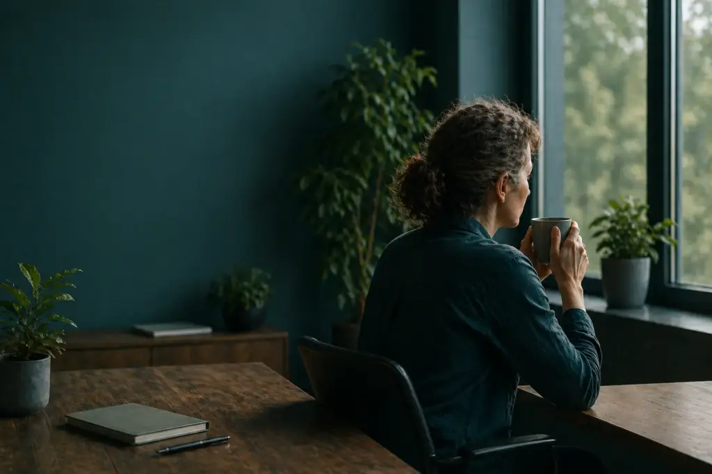 Reflektor sitzt nachdenklich mit einer Tasse am Fenster als Symbol für Nachhall und innere Sortierung nach intensiver Zusammenarbeit.