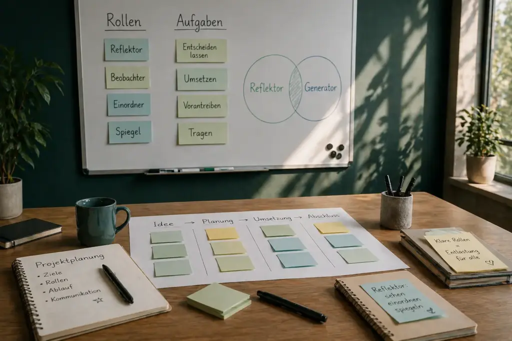 Arbeitsplatz mit Whiteboard, Rollenplanung und Aufgabenstruktur als Symbol für klare Rollen in der Zusammenarbeit von Reflektor und Generator.