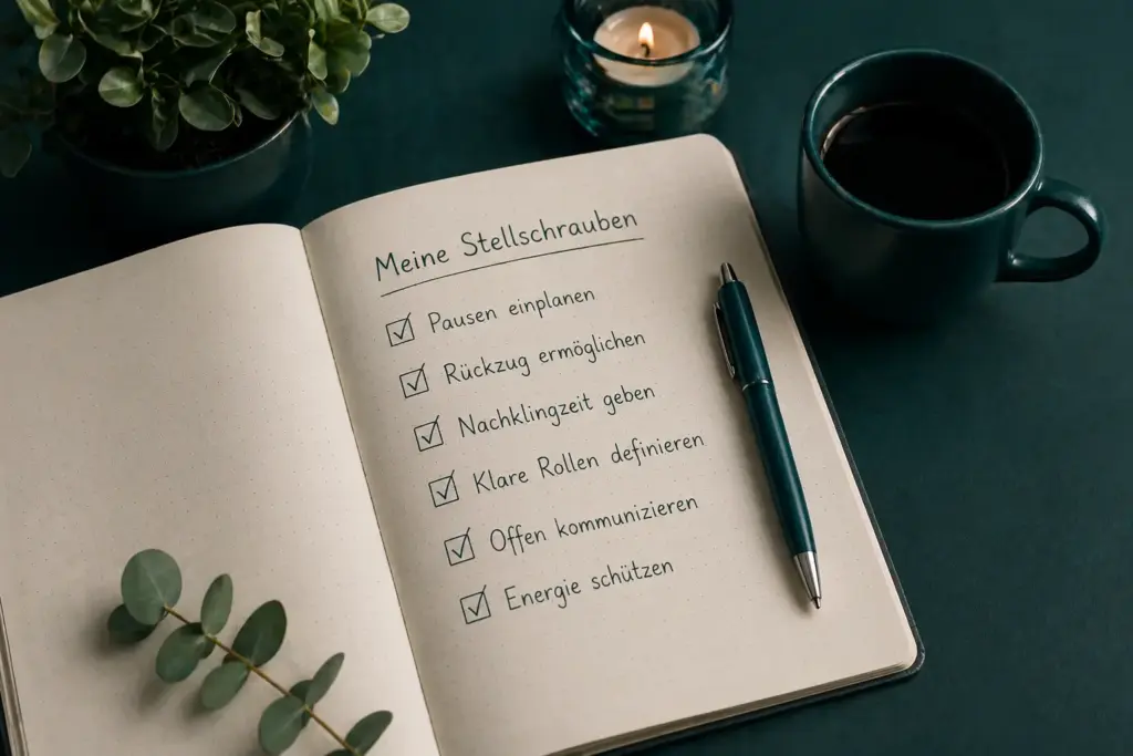 Notizbuch mit Checkliste zu Pausen, Rückzug, Nachklingzeit und klaren Rollen als Symbol für Stellschrauben in der Zusammenarbeit.