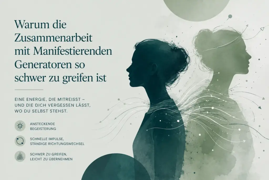 Illustration zur Dynamik zwischen Reflektor und Manifestierendem Generator im Human Design mit zwei überlagerten Profilen und fließenden Energielinien.
