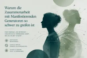 Illustration zur Dynamik zwischen Reflektor und Manifestierendem Generator im Human Design mit zwei überlagerten Profilen und fließenden Energielinien.