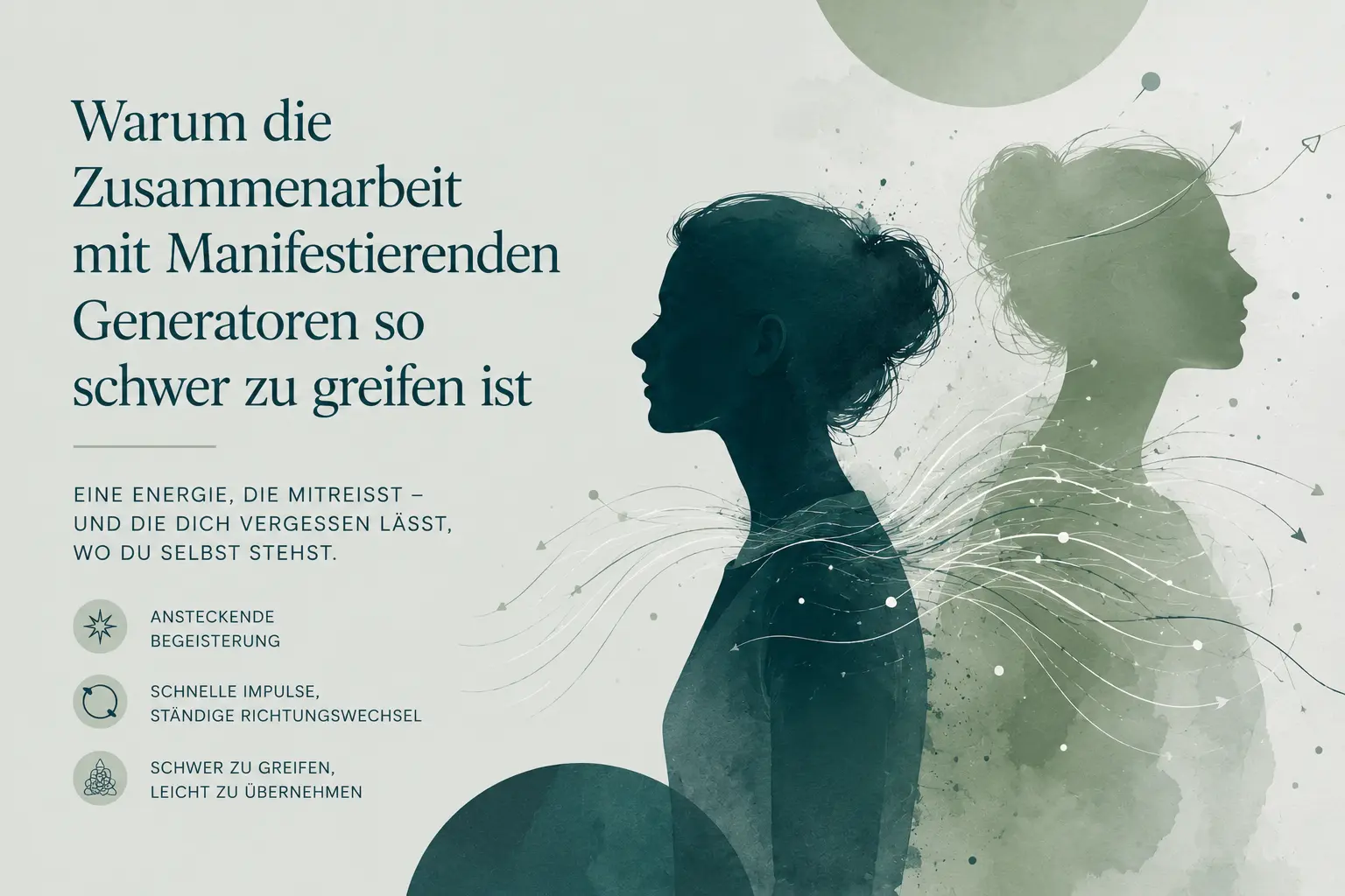 Illustration zur Dynamik zwischen Reflektor und Manifestierendem Generator im Human Design mit zwei überlagerten Profilen und fließenden Energielinien.