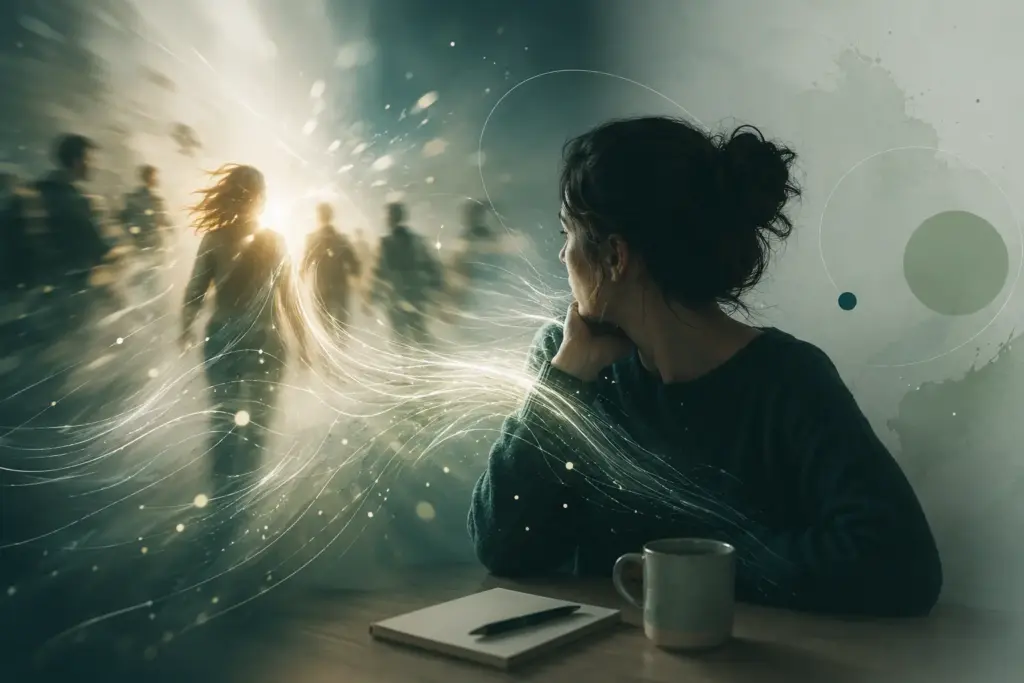 Nachdenkliche Frau in fließender Energiebewegung zwischen eigener Wahrnehmung und mitreißender fremder Dynamik – Symbolbild für Reflektor und Manifestierenden Generator im Human Design.