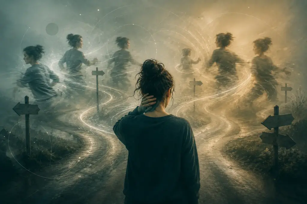 Frau an einer Weggabelung zwischen mehreren verschwommenen Bewegungen und Richtungen – Symbolbild für die Spiegelverwirrung zwischen Reflektor und Manifestierendem Generator im Human Design.