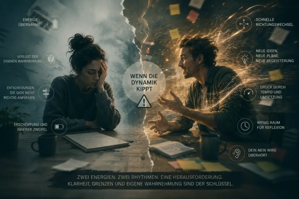 Erschöpfte Frau gegenüber einer überfordernden, dynamischen Energiebewegung – Symbolbild für die belastende Dynamik zwischen Reflektor und Manifestierendem Generator im Human Design.