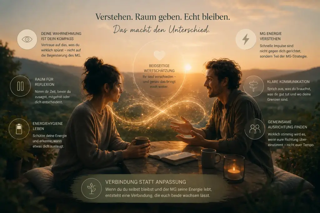 Reflektor und Manifestierender Generator im ruhigen Gespräch mit verbindender Energie zwischen ihnen – Symbolbild für Verständnis, Kommunikation und gesunde Dynamik im Human Design.