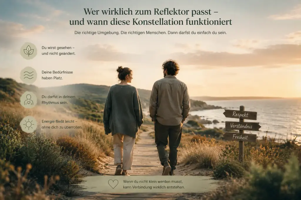 Zwei Menschen gehen ruhig nebeneinander an der Küste entlang – Symbolbild für eine harmonische und respektvolle Dynamik mit einem Reflektor im Human Design.